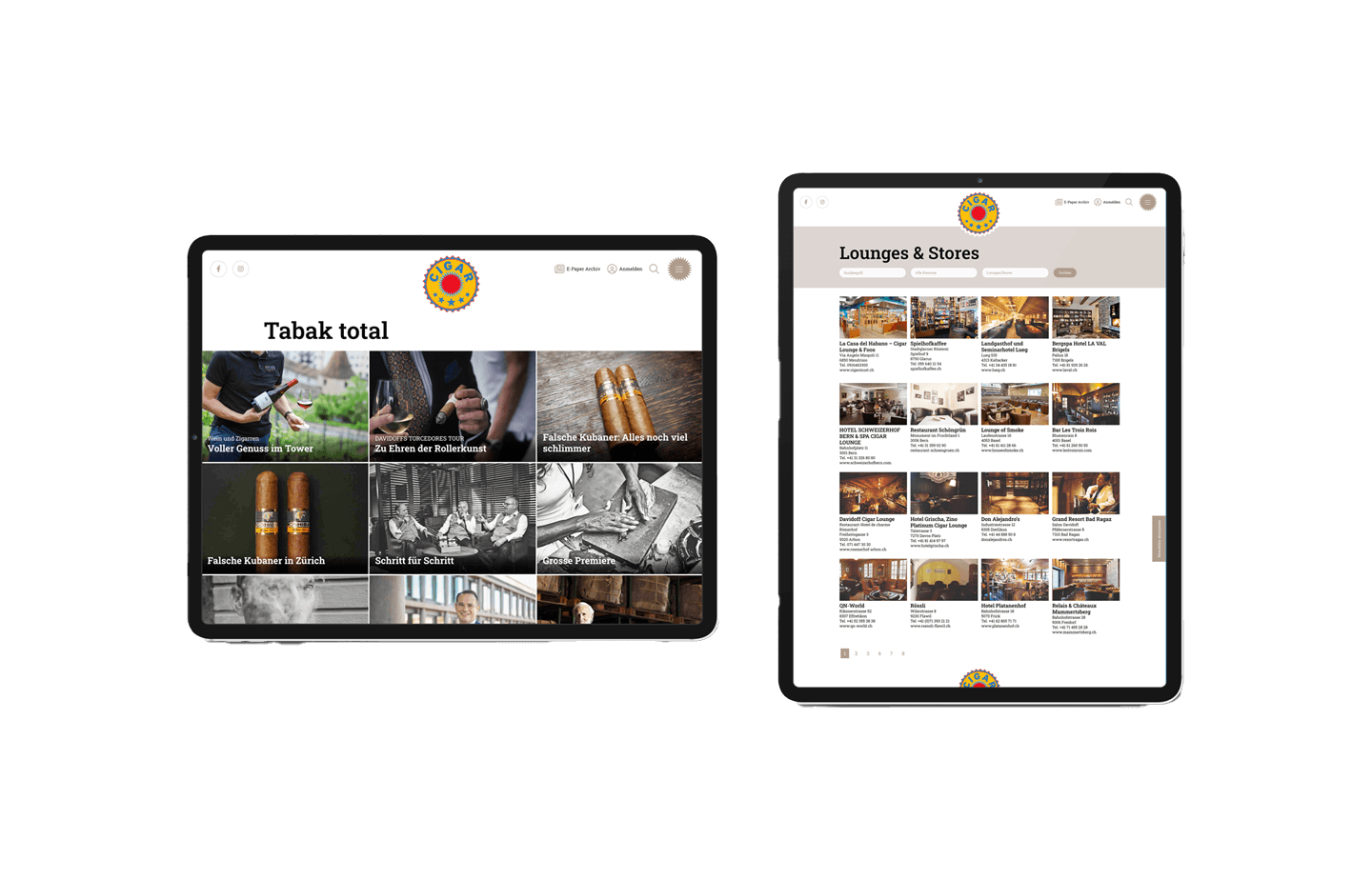 Zwei Tablets, beide zeigen die 'Cigar'-Webseite