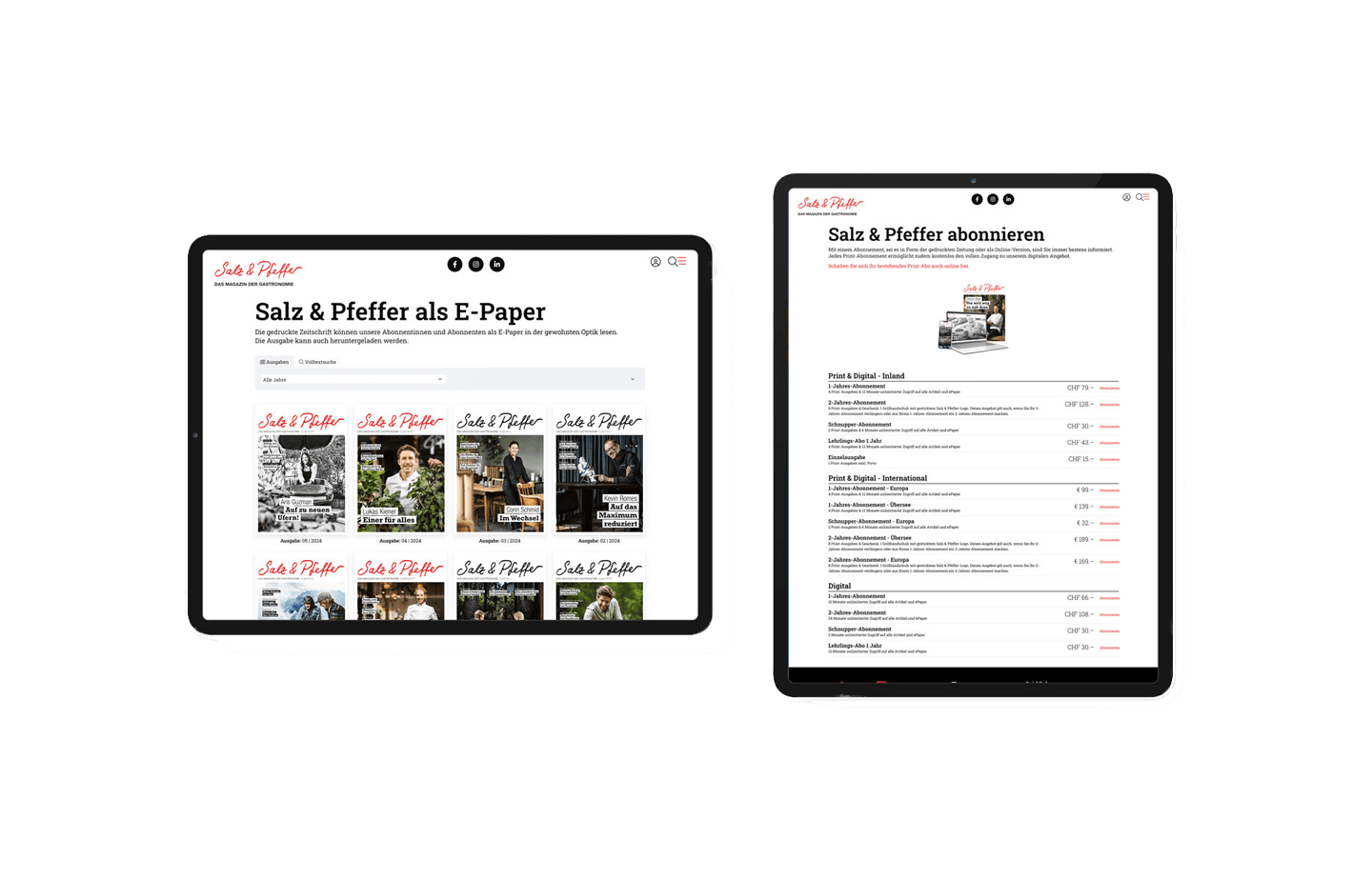 Zwei Tablets, beide zeigen die 'Salz & Pfeffer'-Webseite